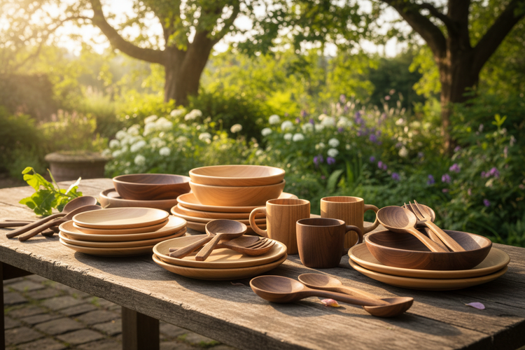 Outdoor wooden crockery set